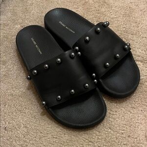 Stuart Weitzman Black Pearl-Studded Slides